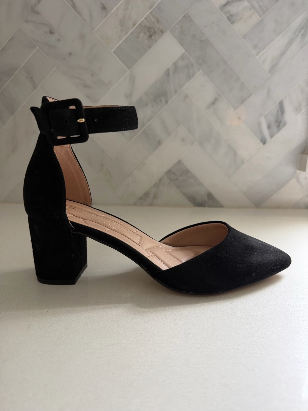 Kurt Geiger Black Suede Pointed-Toe Ankle-Strap Heels - Picture 4 of 8